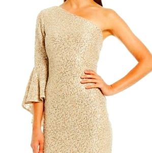 Calvin Klein one shoulder bell sleeve sequin dress